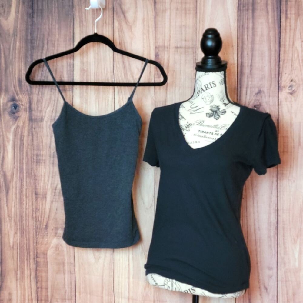 Forever 21 Black V-Neck Tee & Dark Grey Tank Basic Bundle, Sz M